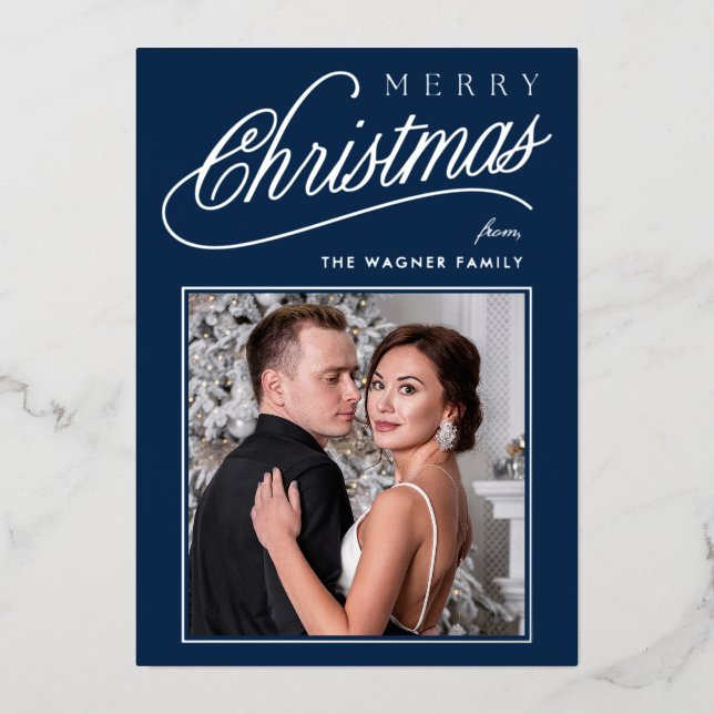 Elegant Blue & Silver Script Merry Christmas Photo (Front)