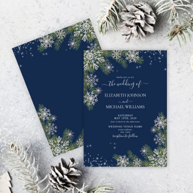 Elegant Blue Silver Snowflake Pine Winter Wedding Invitation (Creator Uploaded)
