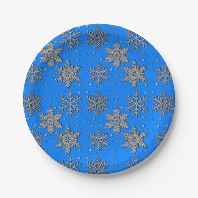Elegant blue silver snowflakes paper plate (Front)