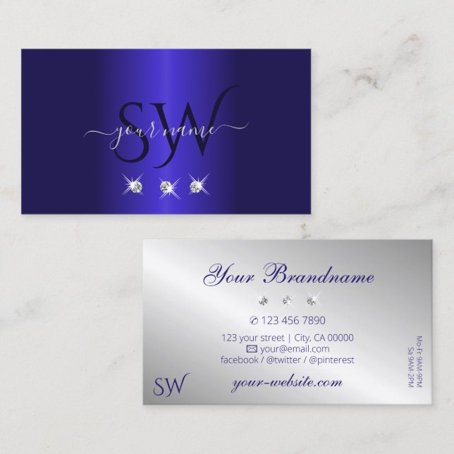 Elegant Blue Silver Sparkling Diamonds Initials Business Card (Front/Back)