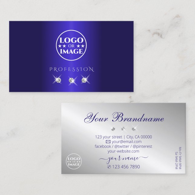 Elegant Blue Silver Sparkling Diamonds with Logo Business Card (Front/Back)