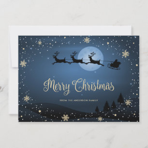Elegant Blue Snow Snowflakes Santa Merry Christmas Holiday Card