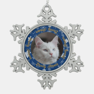 Elegant Blue Snowflake Cat Photo Custom Christmas Snowflake Pewter Christmas Ornament