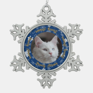 Elegant Blue Snowflake Cat Photo Custom Christmas Snowflake Pewter Christmas Ornament