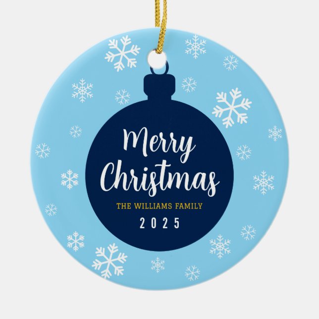 Elegant Blue Snowflake Christmas Family Photo Ceramic Tree Decoration (Front)