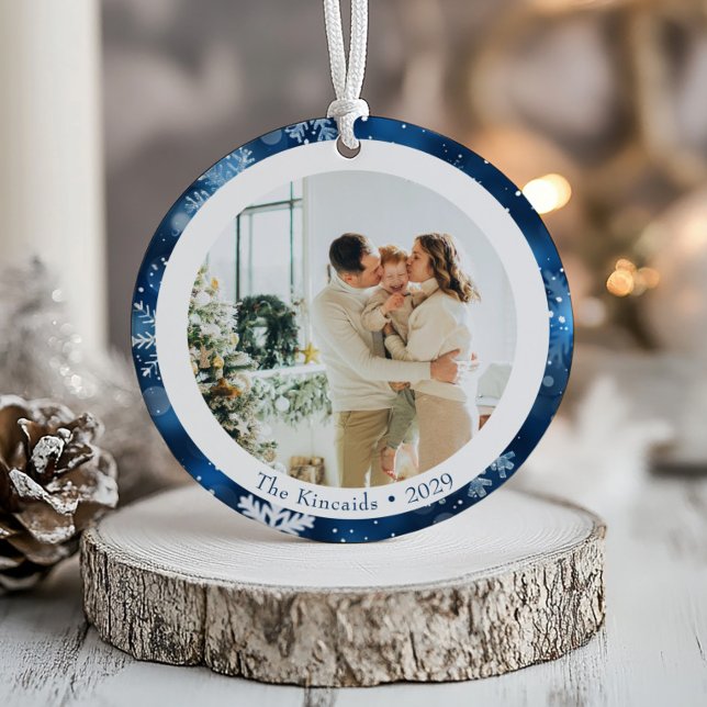 Elegant Blue Snowflake Double Side Christmas Photo Ceramic Tree Decoration (Creator Uploaded)