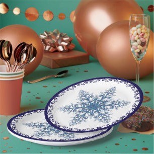 Elegant Blue Snowflake Holiday Paper Plate