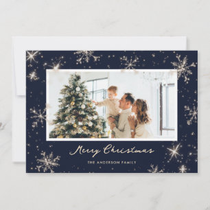 Elegant Blue Snowflake Photo Merry Christmas Card