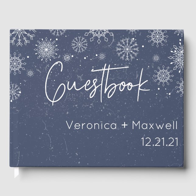 Elegant Blue Snowflake Winter Wedding Guest Book (Front)