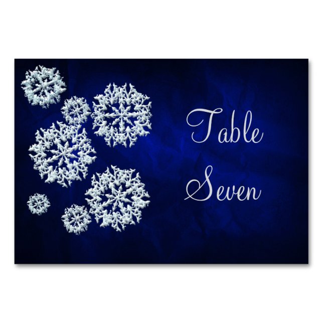 Elegant Blue Snowflake Winter Wedding Table Number (Front)