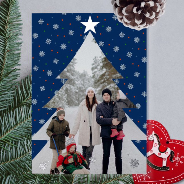 Elegant blue snowflakes christmas tree photo (Elegant blue custom photo Christmas card with snowflakes)