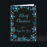 Elegant Blue Snowflakes Merry Christmas Holiday Card<br><div class="desc">A beautiful Christmas card design featuring elegant turquoise blue snowflakes on a black background. Inside there is a space for a message. A perfect way to greet your friends and relatives in this festive season. The page background colours and the text can be changed to suit your own requirements. Graphics...</div>