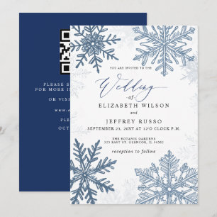 Elegant Blue snowflakes Winter QR Code Wedding Invitation
