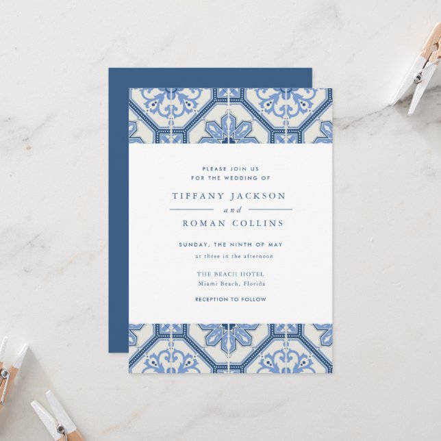 Elegant Blue Spanish Tile Wedding Invitation (Front/Back In Situ)
