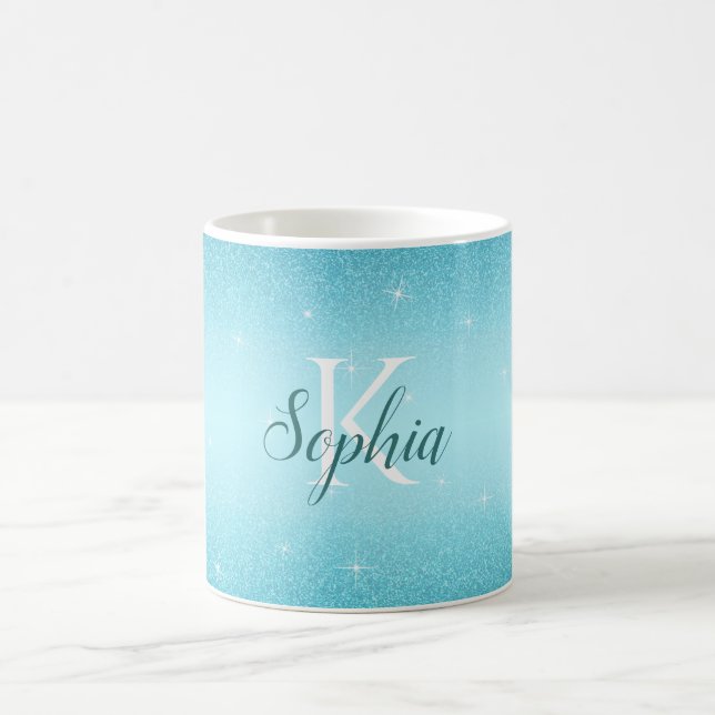 Elegant Blue Sparkle Glitter Monogram Name Coffee Mug (Center)
