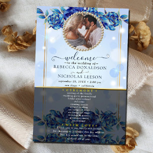 Elegant Blue Sparky Floral Photo Wedding Program
