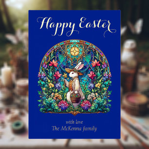 Elegant Blue Stained Glass Bunny Gardener Easter