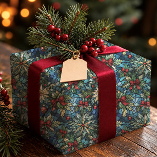 Elegant Blue Stained Glass Coquette Bow Christmas Wrapping Paper