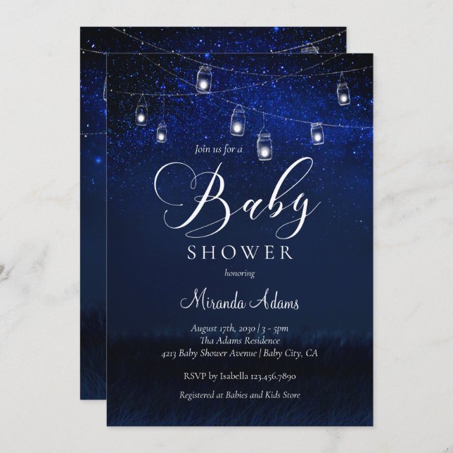 Elegant Blue Starry Night Mason Jar Baby Shower Invitation (Front/Back)