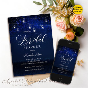 Elegant Blue Starry Night Mason Jar Bridal Shower Invitation