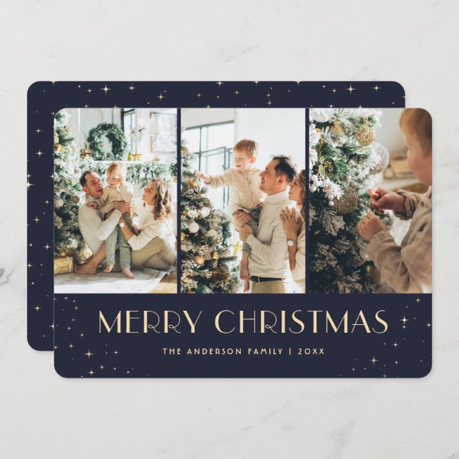Elegant Blue Starry Night Photo Christmas Card (Front/Back)