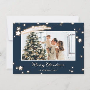 Elegant Blue Stars Photo Merry Christmas Cards