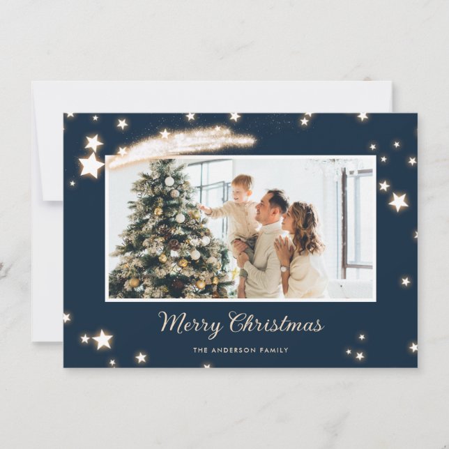 Elegant Blue Stars Photo Merry Christmas Cards (Front)