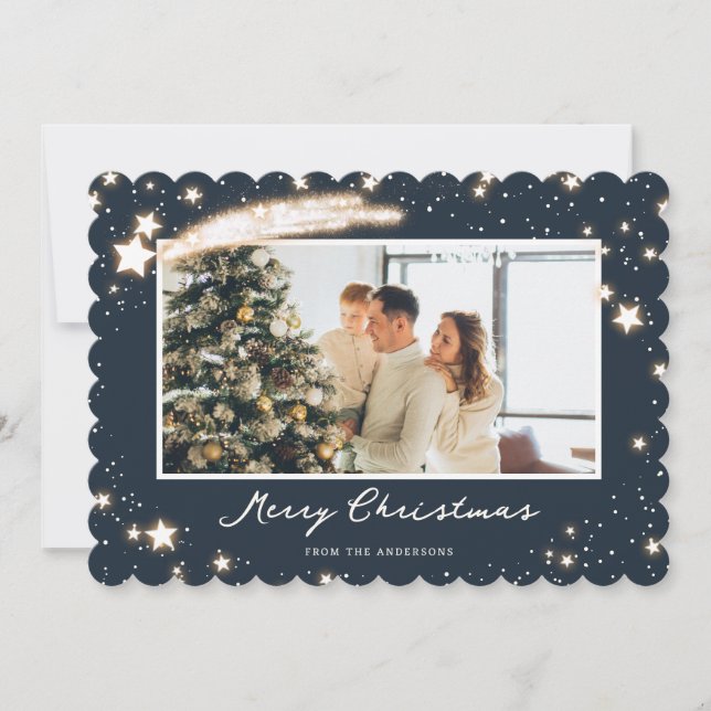 Elegant Blue Stars Snow Photo Merry Christmas Card (Front)