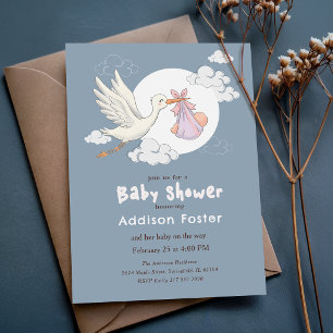 Elegant Blue Stork Girl Baby Shower Invitation