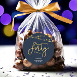 Elegant Blue Strings of Lights 40th Birthday Classic Round Sticker<br><div class="desc">This elegant 40th birthday round sticker feature strings of lights and the word "Forty" in faux gold foil against a dark blue background. Check out other matching items here https://www.zazzle.com/collections/strings_of_lights_faux_gold_celebration_collection-119311942951401241?rf=238364477188679314 Personalise it with your details by replacing the placeholder text. For more options click the "Customise it" button. *Please note that...</div>