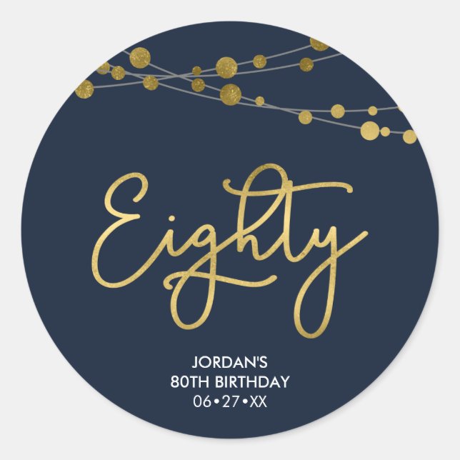Elegant Blue Strings of Lights 80th Birthday Classic Round Sticker (Front)