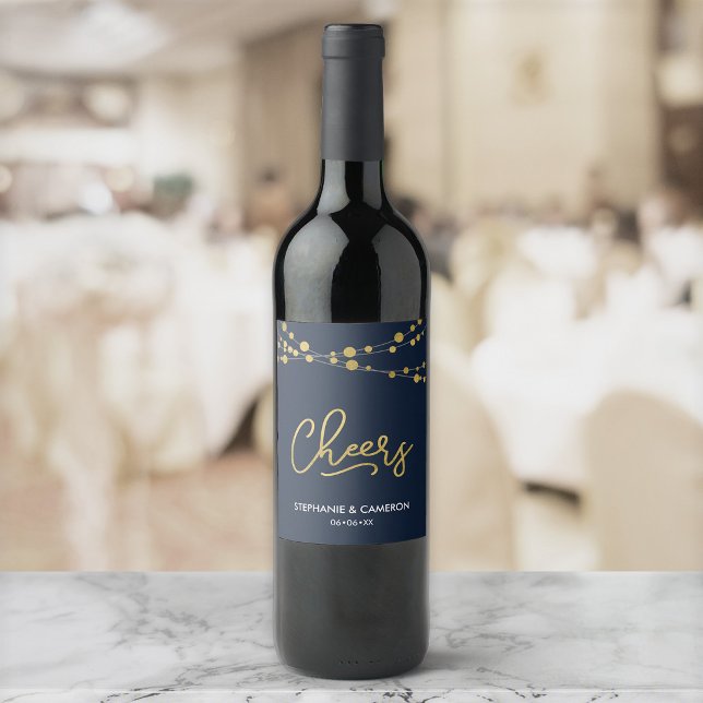 Elegant Blue Strings of Lights Faux Gold Cheers Wine Label (Creator Uploaded)