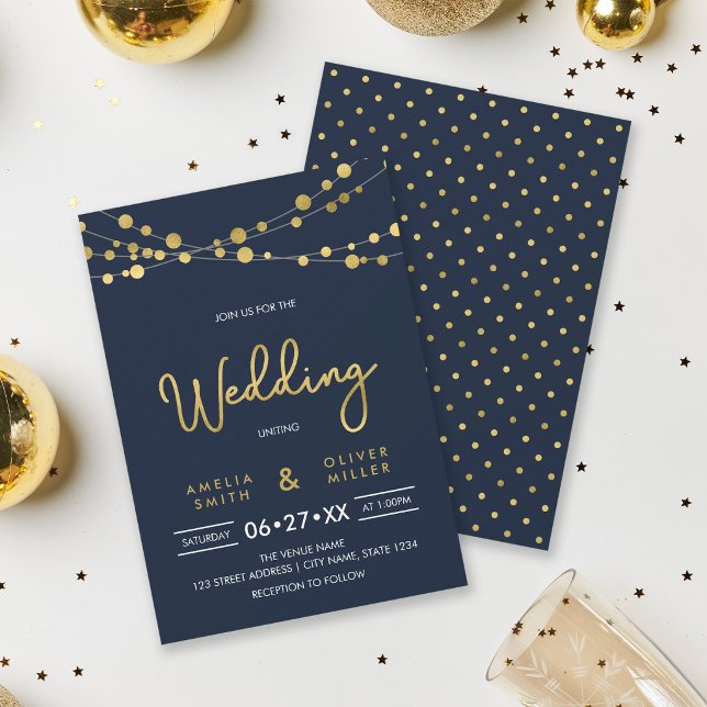 Elegant Blue Strings of Lights Wedding Invitation (Creator Uploaded)