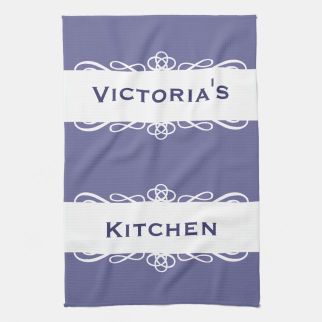 Elegant blue stripe name kitchen tea towel (Vertical)