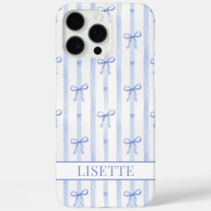 Elegant Blue Striped Coquette Bows Monogrammed iPhone 16 Pro Max Case