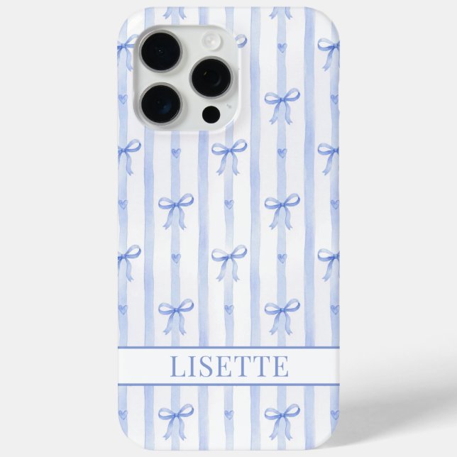 Elegant Blue Striped Coquette Bows Monogrammed Case-Mate iPhone Case (Back)
