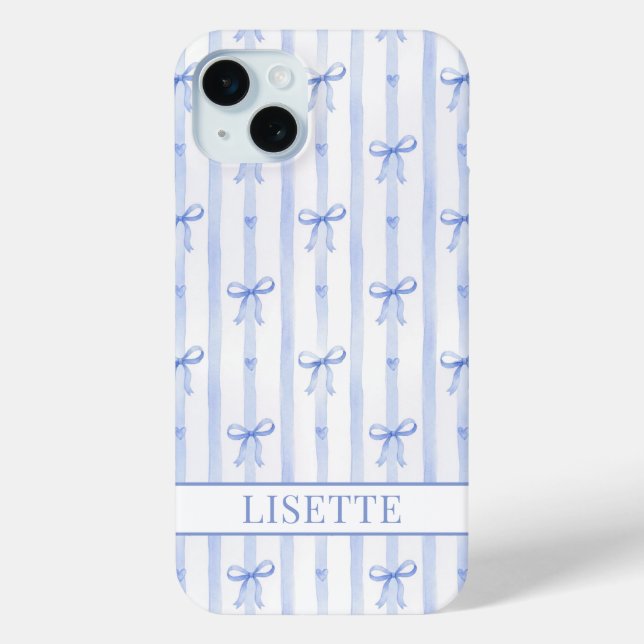Elegant Blue Striped Coquette Bows Monogrammed Case-Mate iPhone Case (Back)