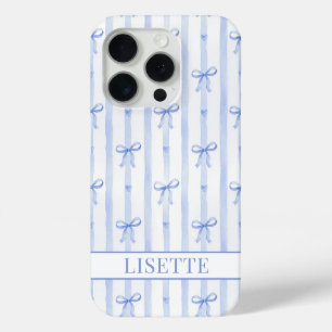 Elegant Blue Striped Coquette Bows Monogrammed iPhone 15 Pro Case
