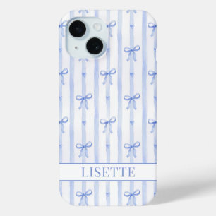 Elegant Blue Striped Coquette Bows Monogrammed iPhone 15 Case