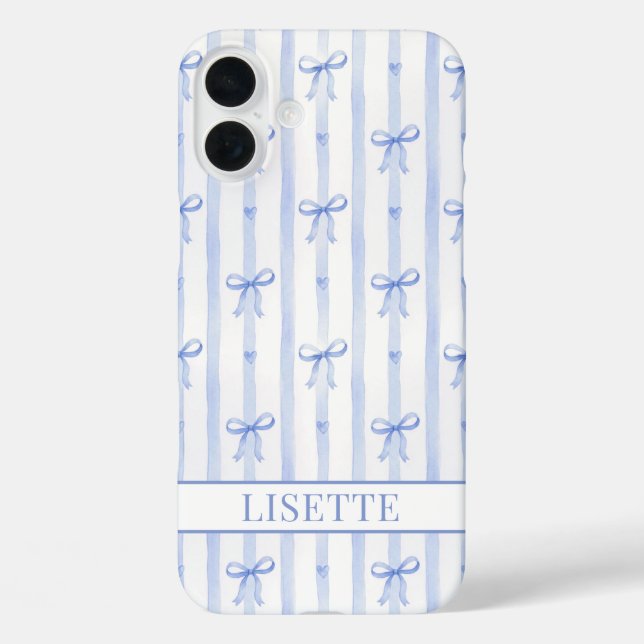 Elegant Blue Striped Coquette Bows Monogrammed Case-Mate iPhone Case (Back)