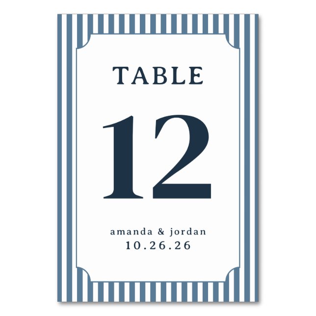 Elegant Blue Striped Table Number (Front)