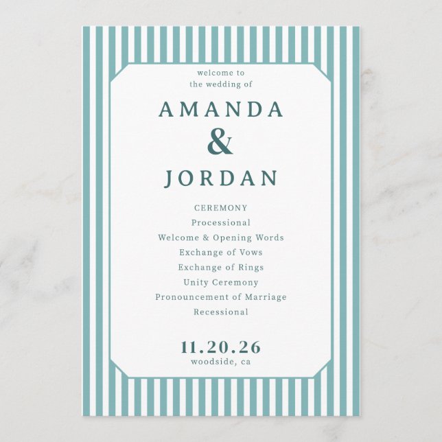 Elegant Blue Striped Wedding Ceremony Programme (Front)