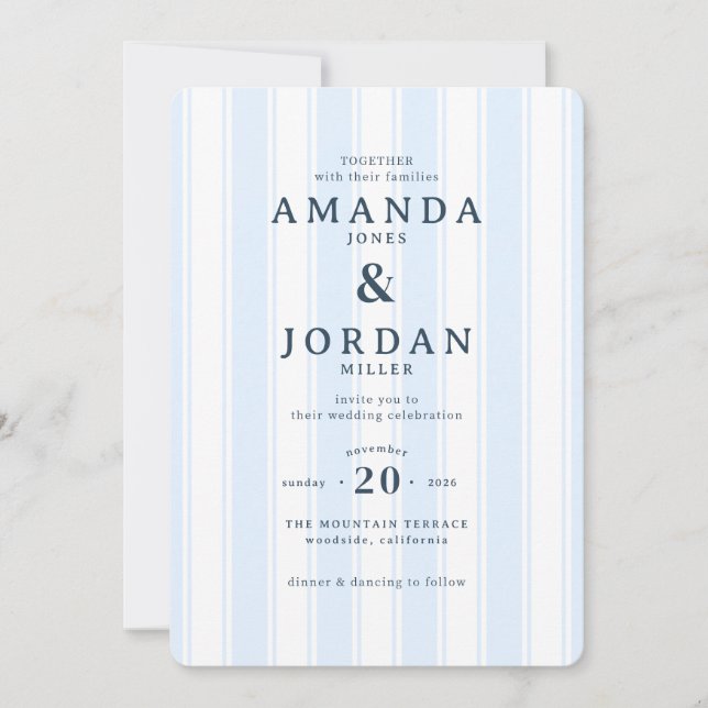 Elegant Blue Striped Wedding Invitation (Front)