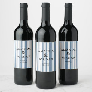 Elegant Blue Striped Wedding Invitation Wine Label