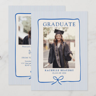 Elegant Blue Stripes Bow Frame Graduation Party Invitation