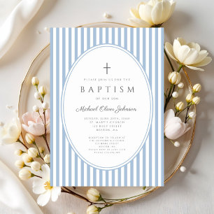 Elegant Blue Stripes Boy Baptism Invitation