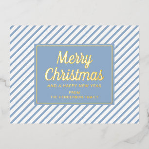 Elegant Blue Stripes Christmas Gold Foil Holiday Postcard