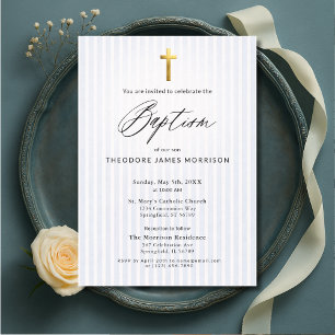 Elegant Blue Stripes Gold Cross Baptism Boy Invitation