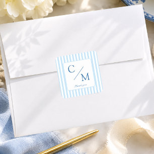 Elegant Blue Stripes Monogram Wedding  Square Sticker