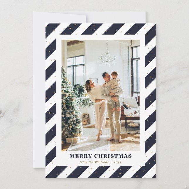 Elegant Blue Stripes Photo Merry Christmas Card (Front)